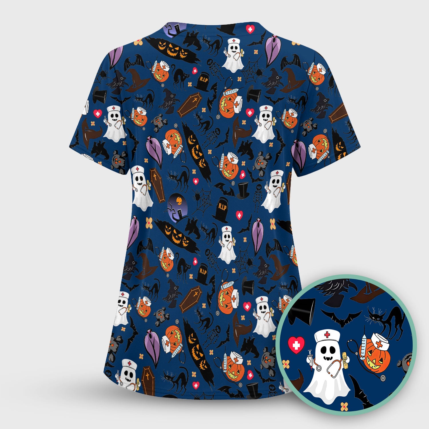 Spooky Halloween Scrub Top - Pumpkin Ghost Bat Nurse Shirt - Wicked Witch Medical Uniform for Women RN CNA LPN