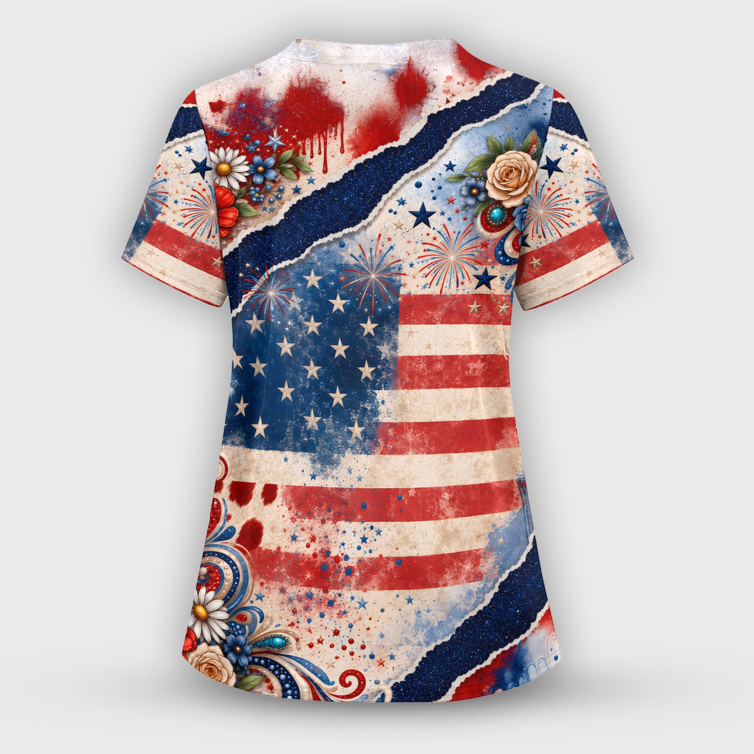 Patriotic Highland Cow Pattern, Healthcare Workers Scrub Top, Comfortable Scrubs for Nurses