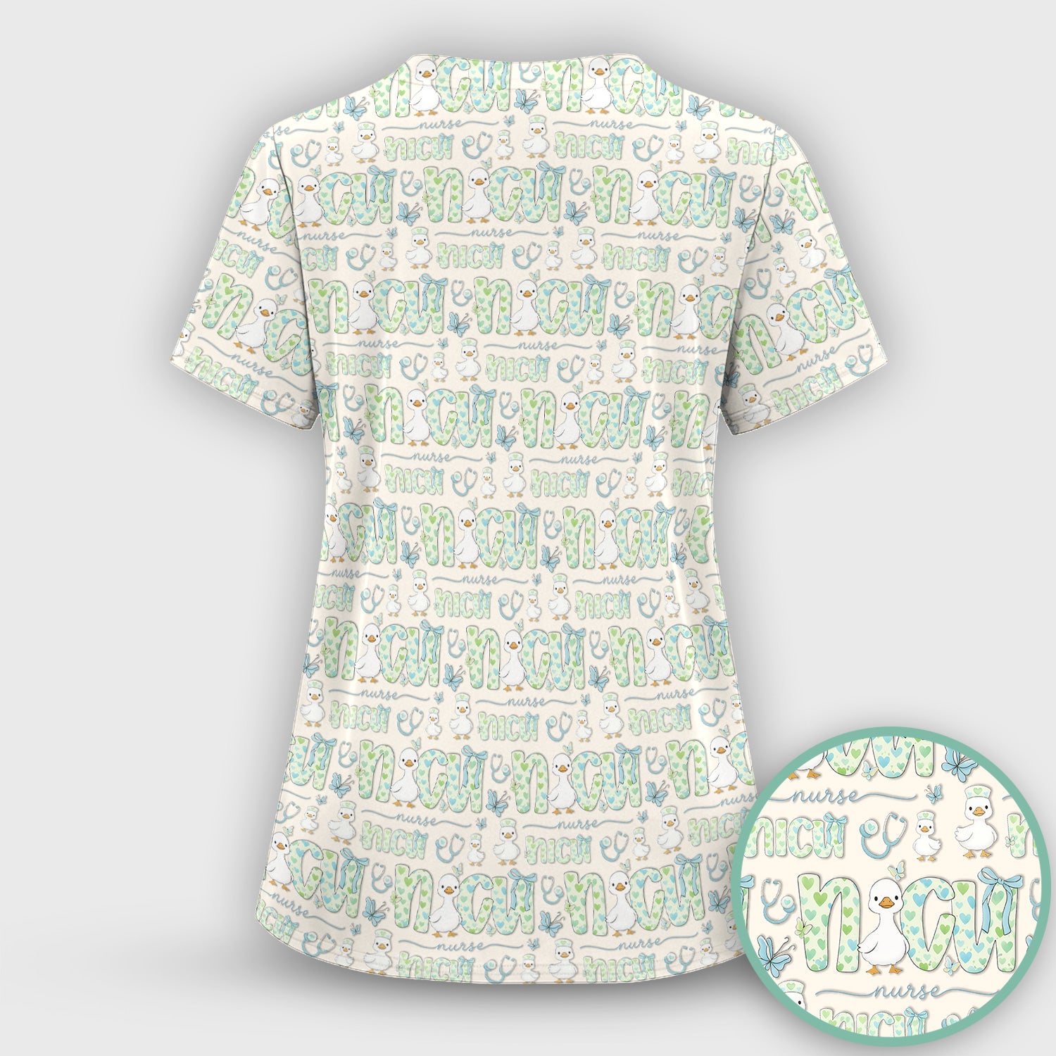 NICU Nurse Duck Pattern Scrub Set, Scrub Pants and V Neck Top