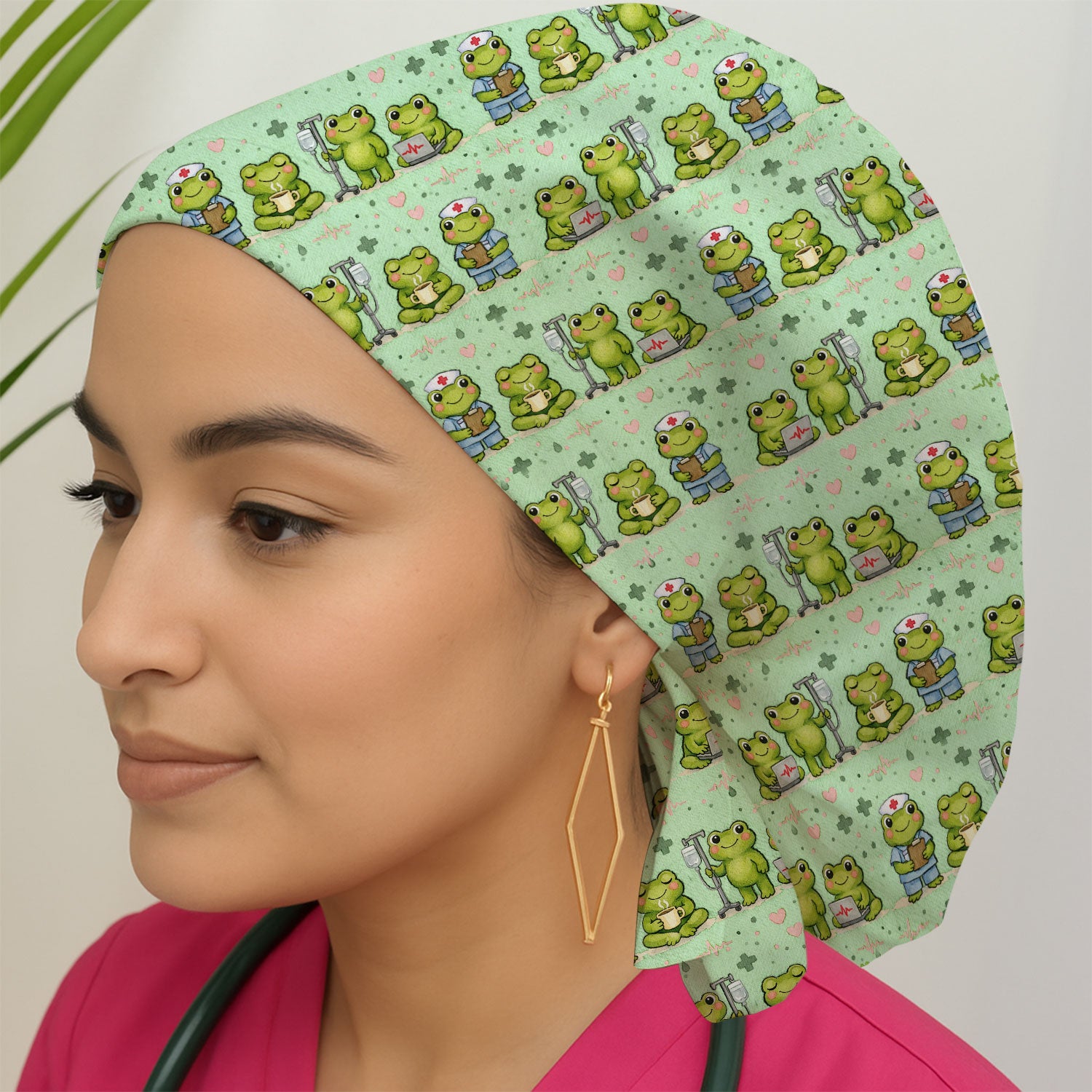 Adorable Frog Nurse Various Poses Print Bouffant Cap, Surgical Caps for Doctors