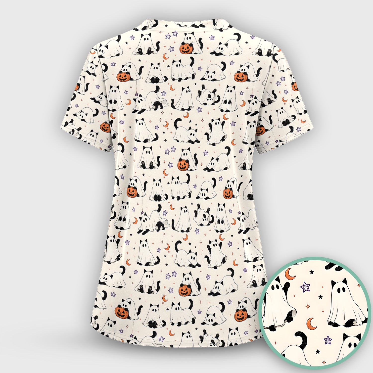 Halloween Ghost Cats And Pumpkins Scrub Top, Comfortable Scrubs for Nurses
