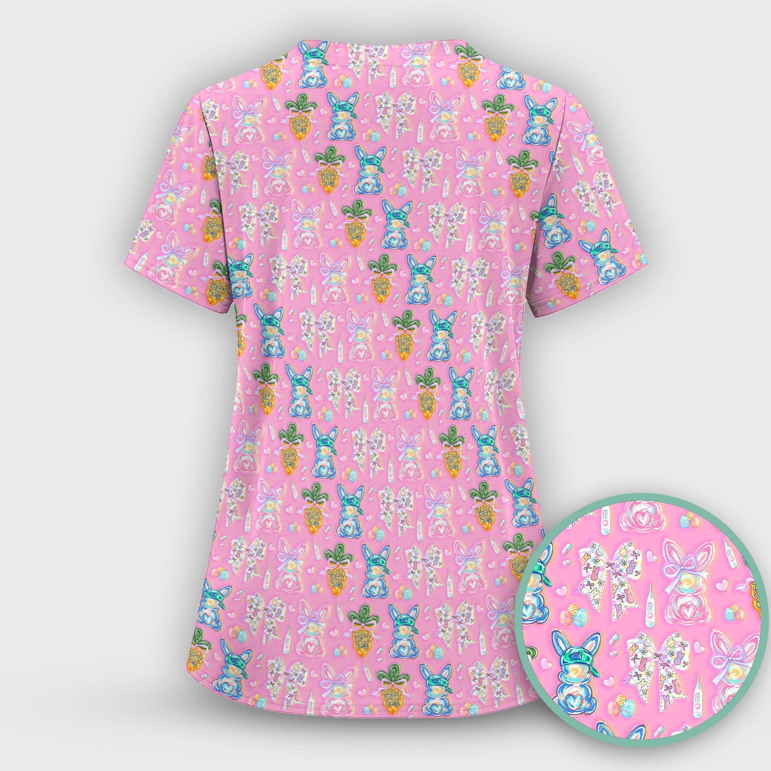 Easter Bunny Carrot Bow Floral Print Scrub Top, Comfortable Scrubs for Nurses