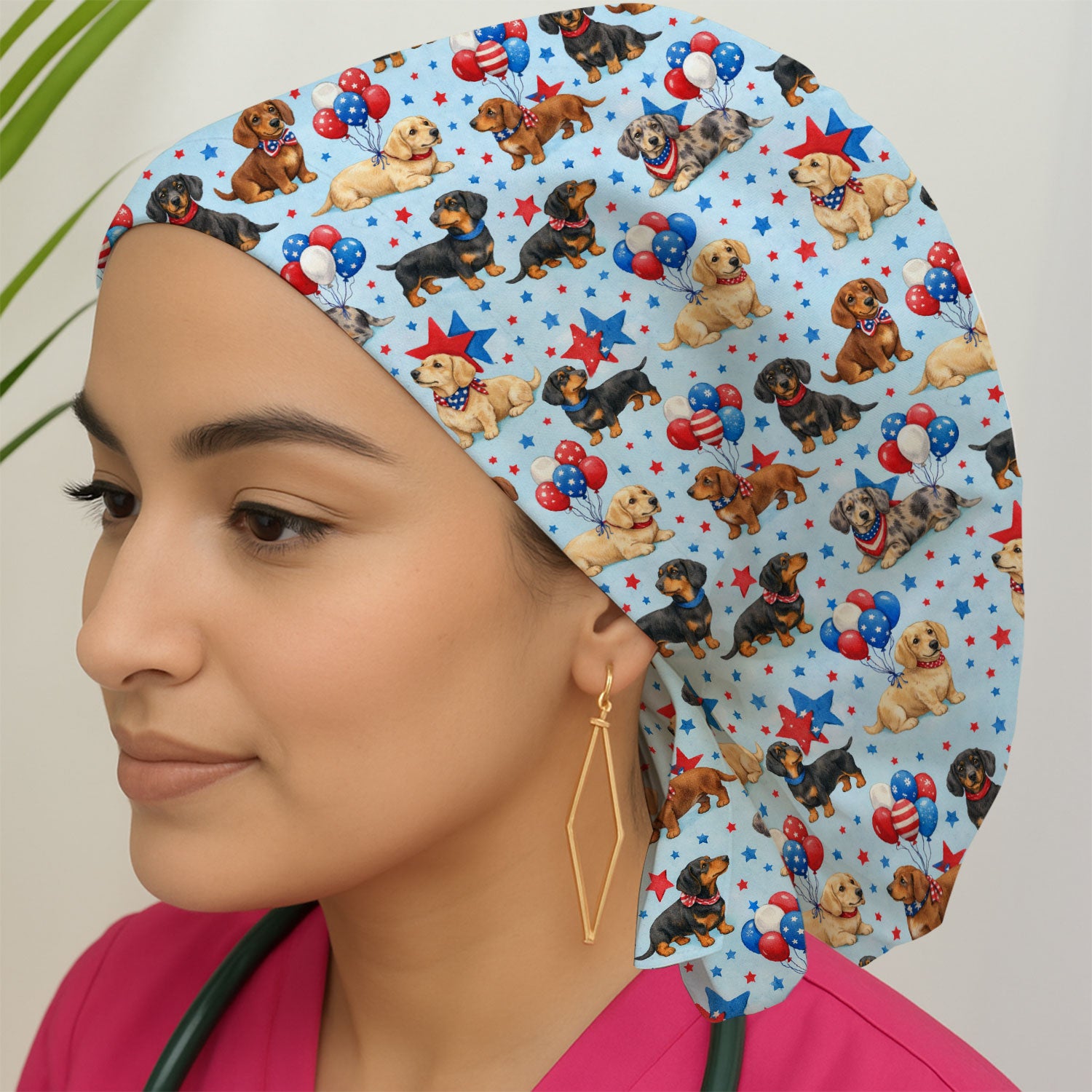 Cute Patriotic Dachshund Balloon Star Pattern Scrub Cap, Breathable Fabrics Caps Uniform