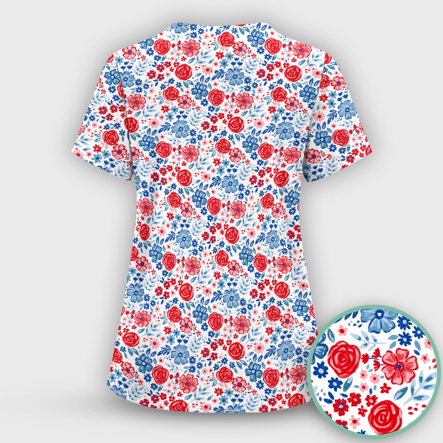 Red Blue Floral Garden Blossom Pattern Scrub Set, Scrub Pants and V Neck Top
