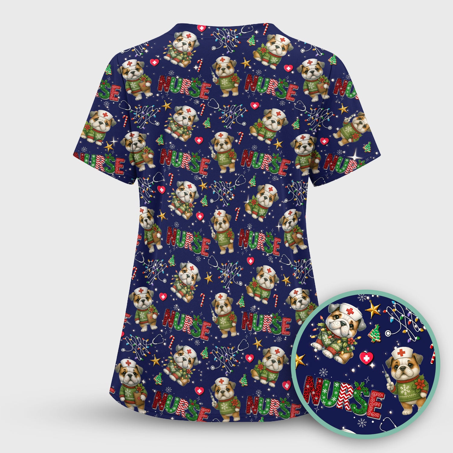 Bulldog Christmas Nurse Scrub Top - Funny Dog Scrub Shirt - Cute Holiday Medical Uniform for Women RN LPN CNA Gift