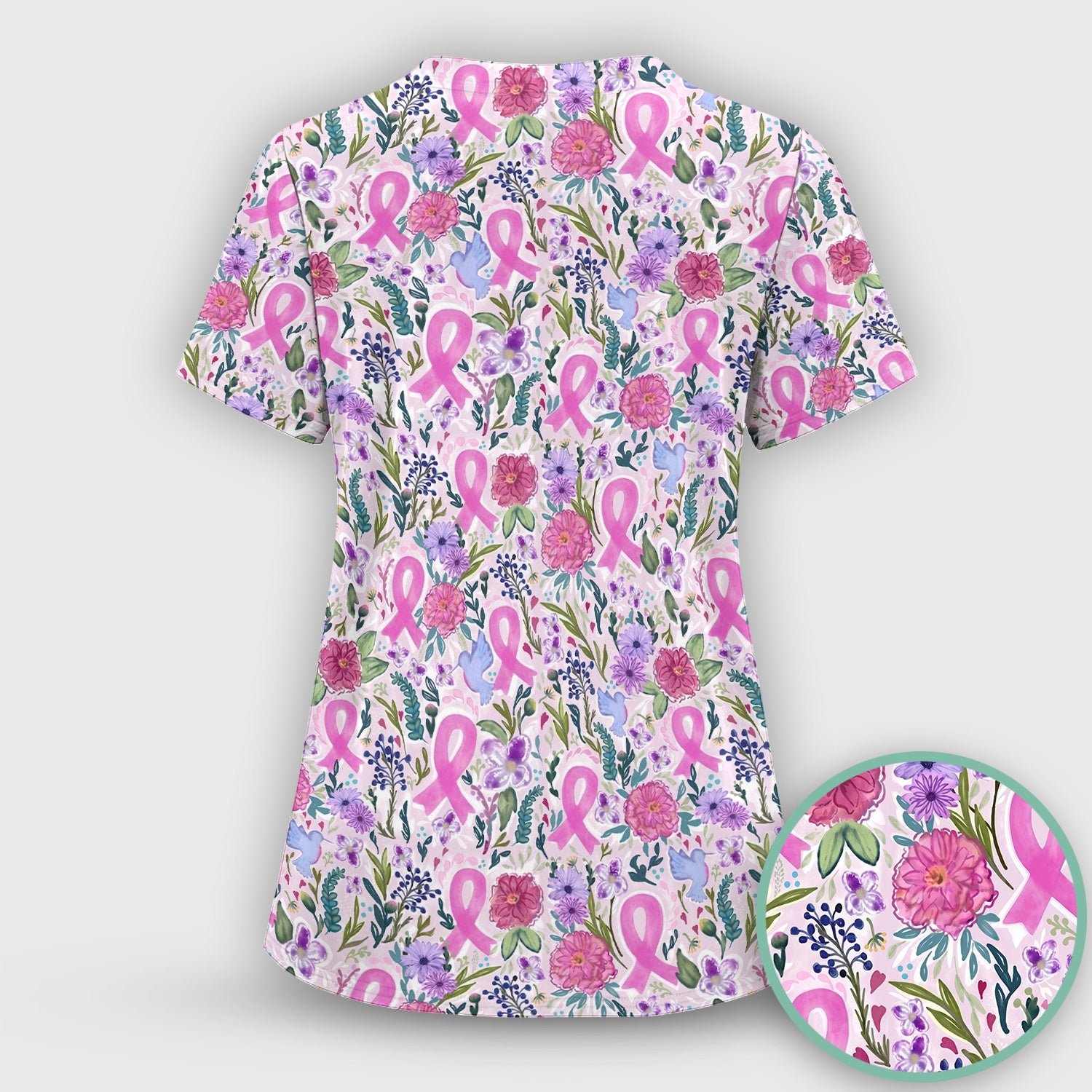 Floral Pink Ribbon Print Scrub Set, Scrub Pants and V Neck Top