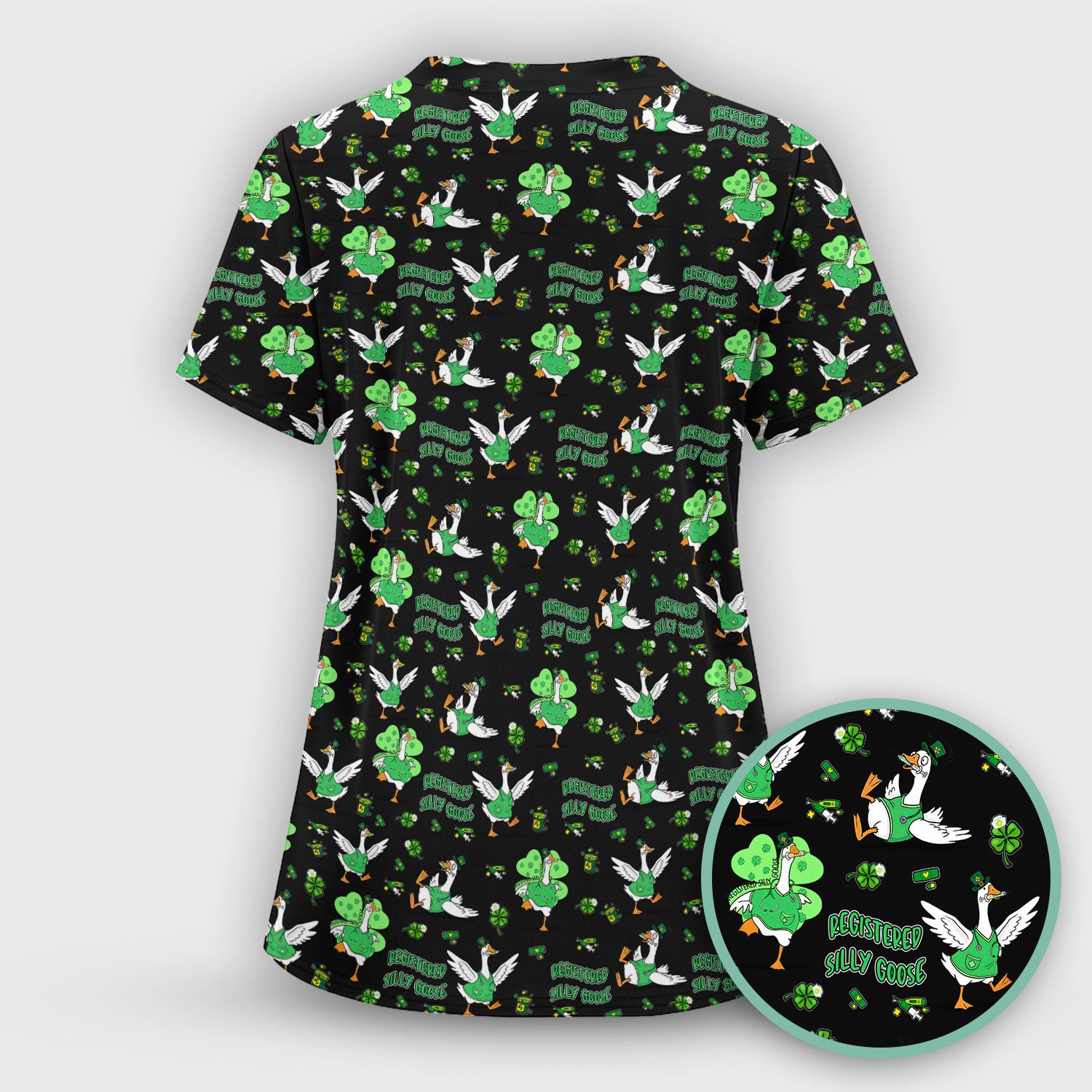 Silly Goose St. Patrick’s Day Scrub Top, Funny Goose Shamrock Pattern Nurse Scrub Shirt, Irish Green Nursing Uniform
