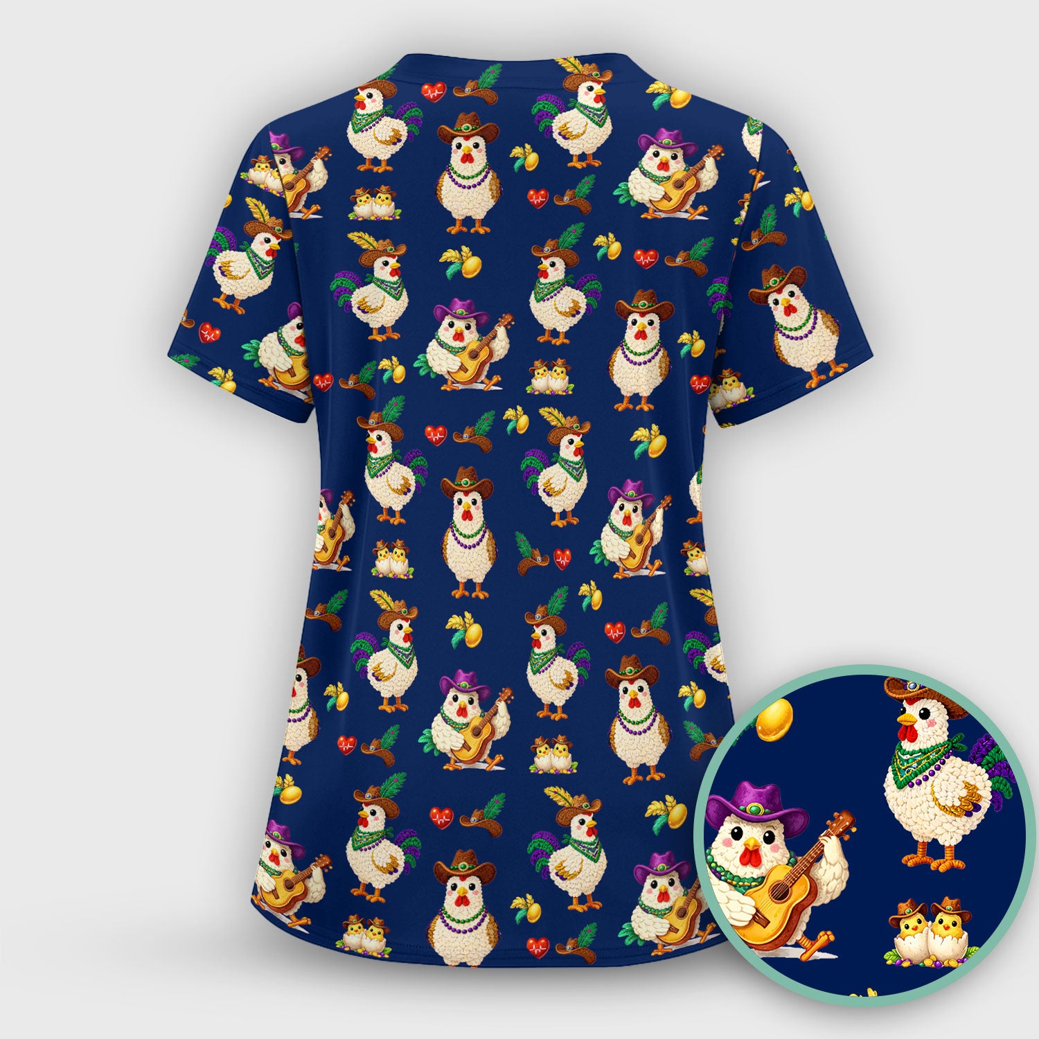 Funny Mardi Gras Rooster Cowboy Print Scrub Top, Comfortable Scrubs for Nurses