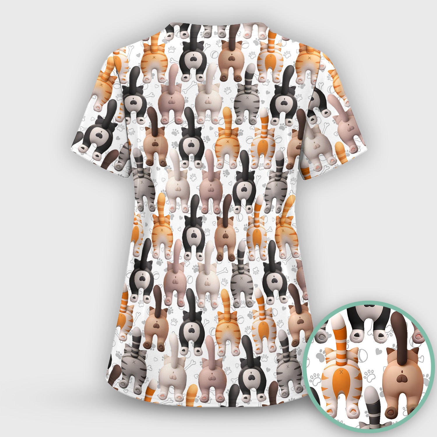 Funny Cat Butt Paw Print Pattern Scrub Set, Nurse Uniform Scrubs Set
