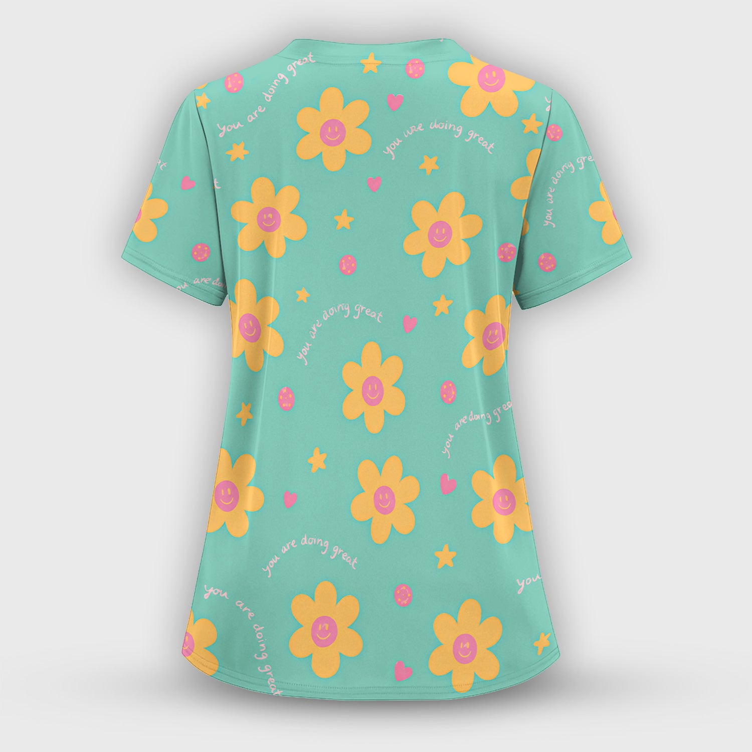 Cheerful Smiley Flower Pattern, Positive Medical Scrub Set, Scrub Pants and V Neck Top