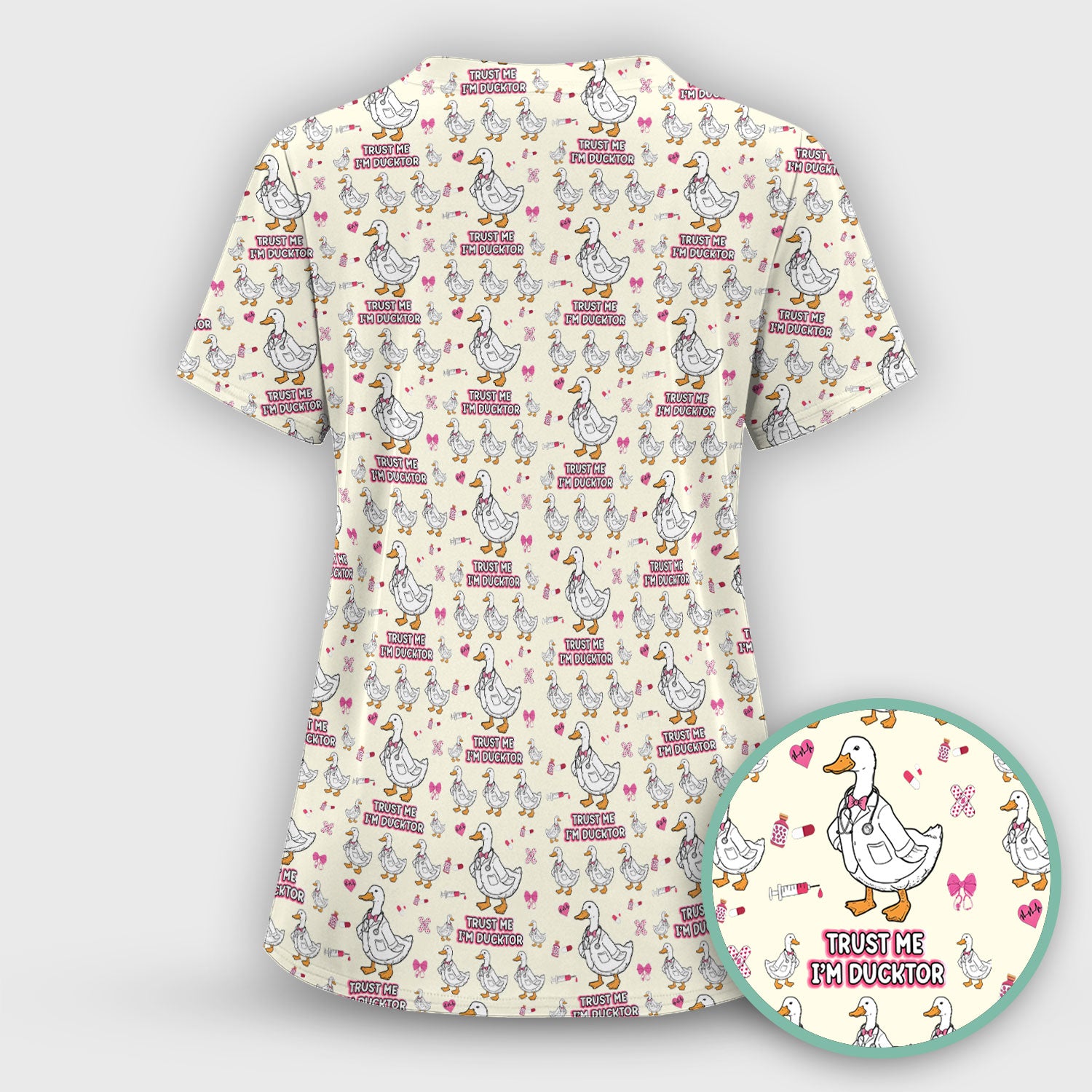 Trust Me I'm Ducktor Scrub Top, Funny Duck Pattern Scrub Shirt, Breathable Fabrics Nursing Uniform For Women
