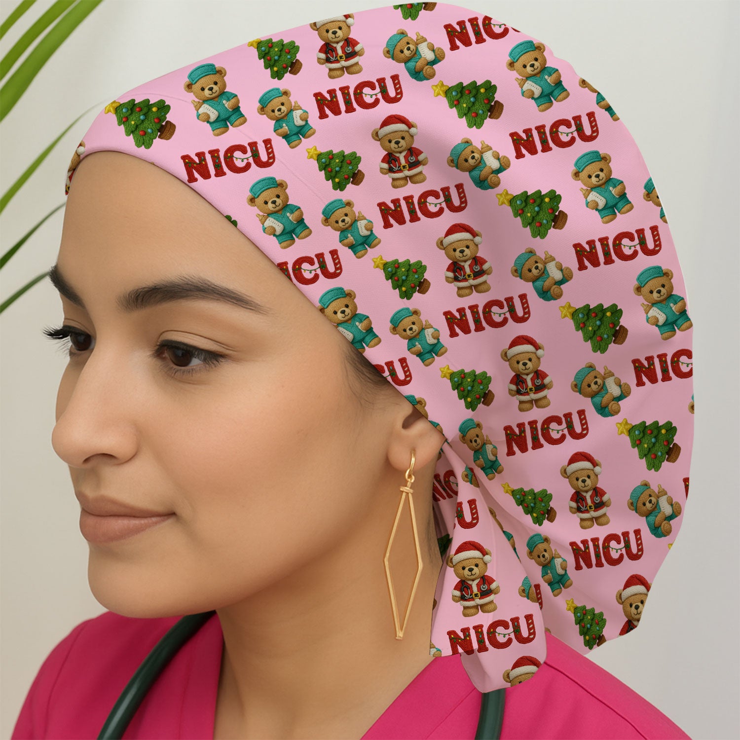 Festive Christmas NICU Nurse Teddy Bear Pattern Print Cap, Bouffant Scrub Caps for Women