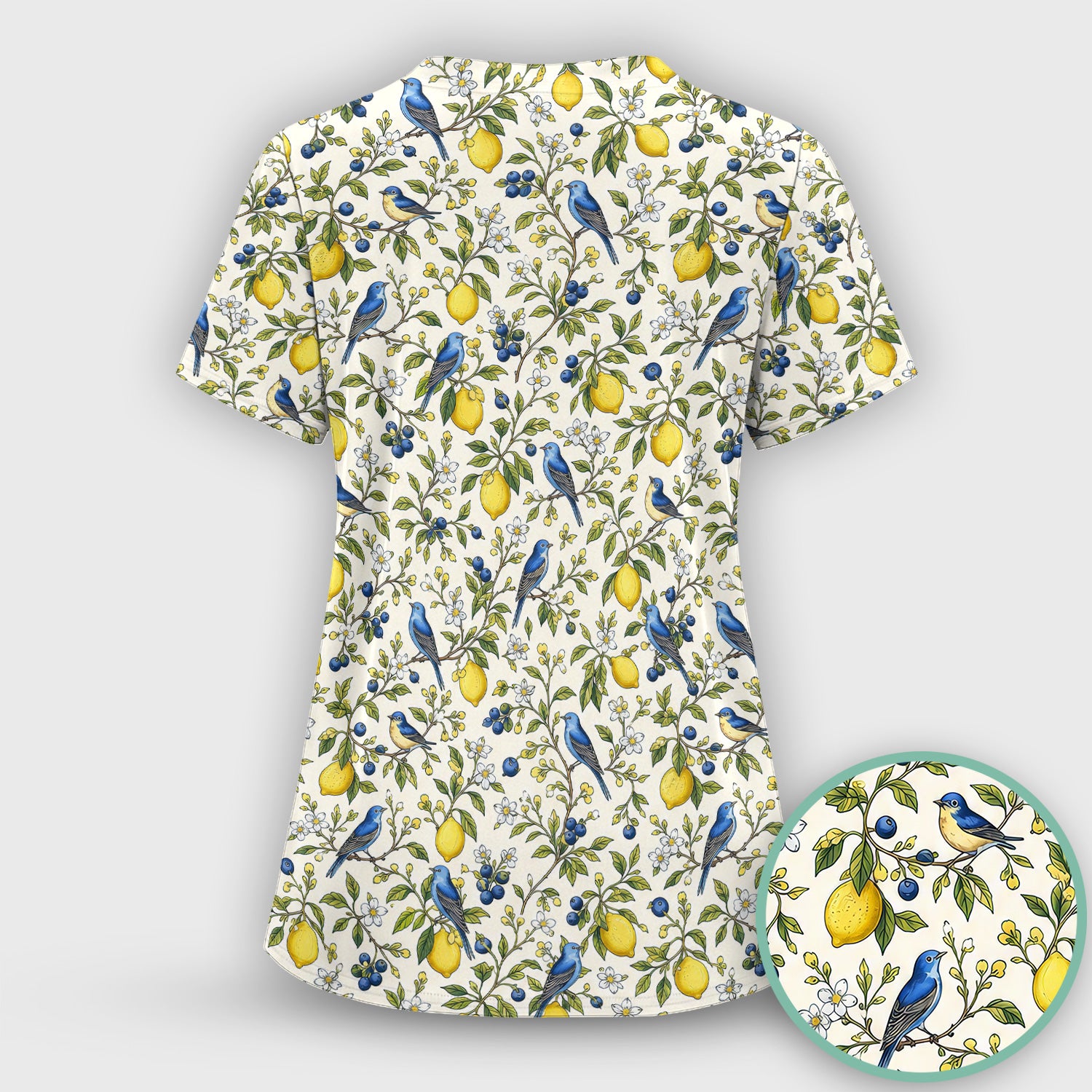 Bluebird Lemon Blossom Pattern Scrub Top, Comfortable Scrubs for Nurses