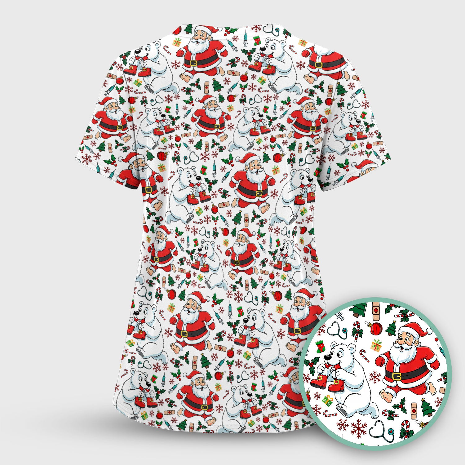 Christmas Santa & Polar Bear Scrub Top - Funny Holiday Nurse Shirt for Women - Cute Winter Medical Uniform