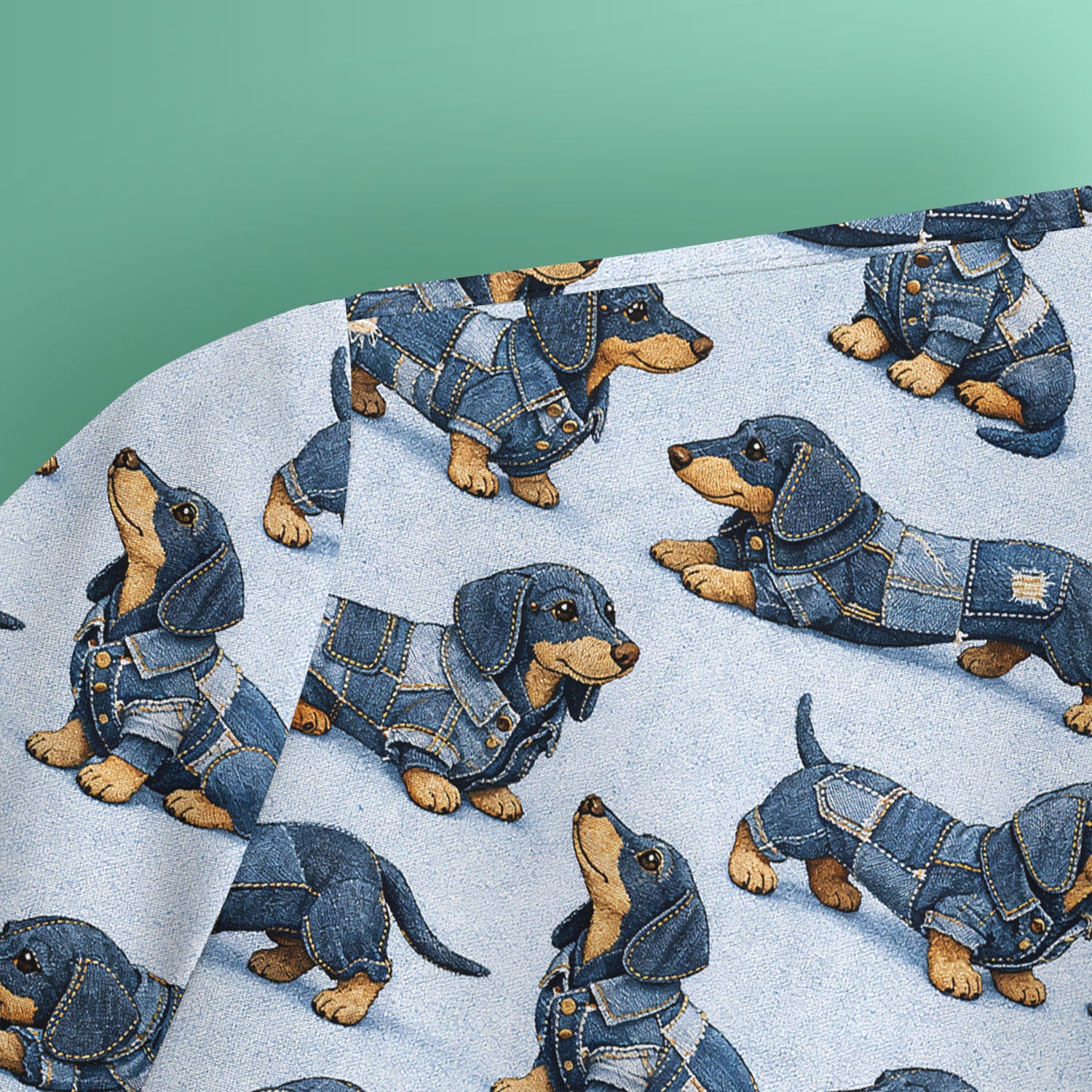 Denim Dachshund Dog Pattern Scrub Top, Breathable Fabrics Nursing Uniform