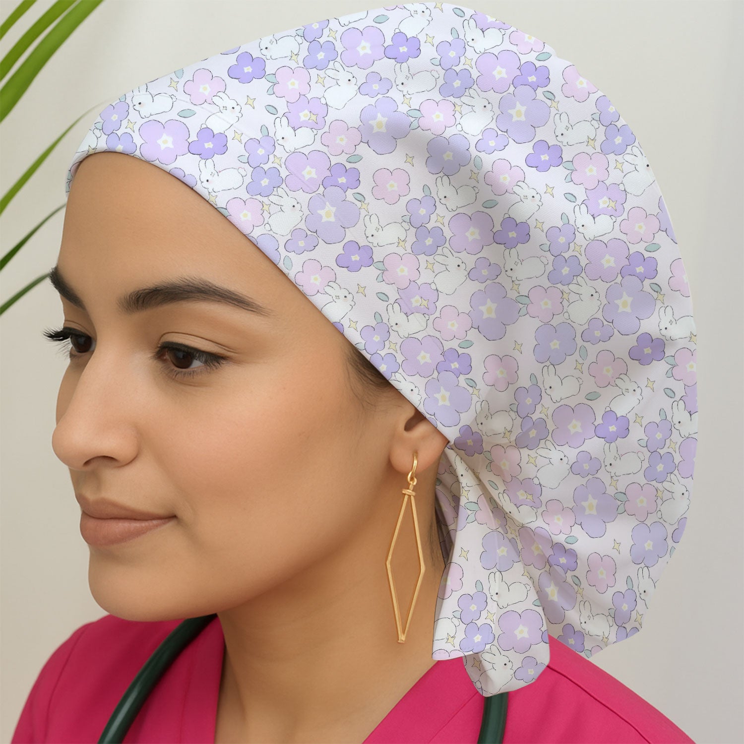 Cute Bunny Floral Pastel Pattern Scrub Cap, Breathable Fabrics Caps Uniform