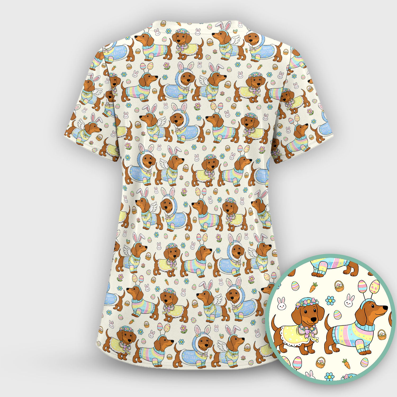 Easter Dachshund Bunny Print Scrub Top, Breathable Fabrics Nursing Uniform