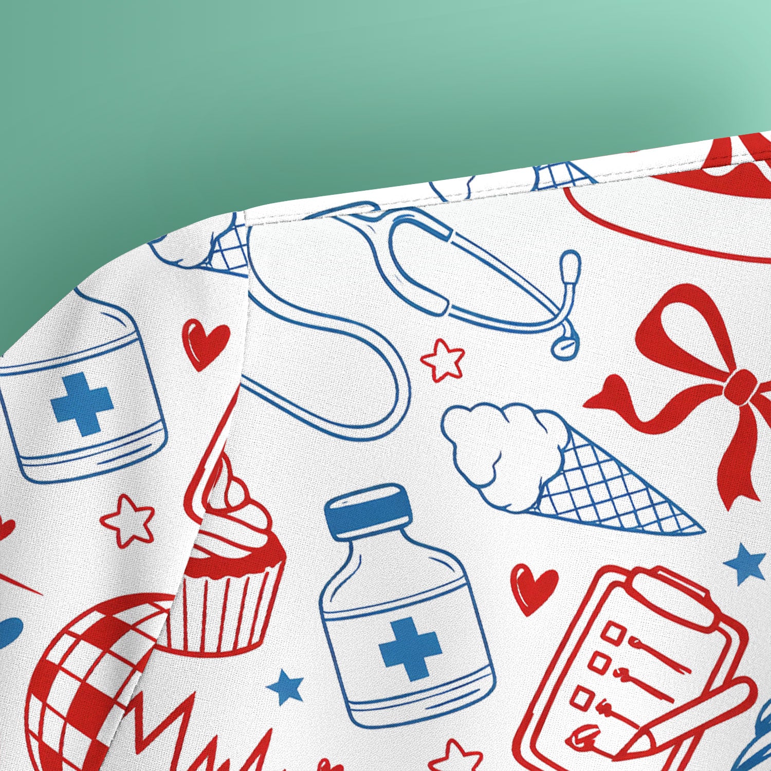 Patriotic Nurse Medical Icons Pattern Scrub Top, Breathable Fabrics Nursing Uniform