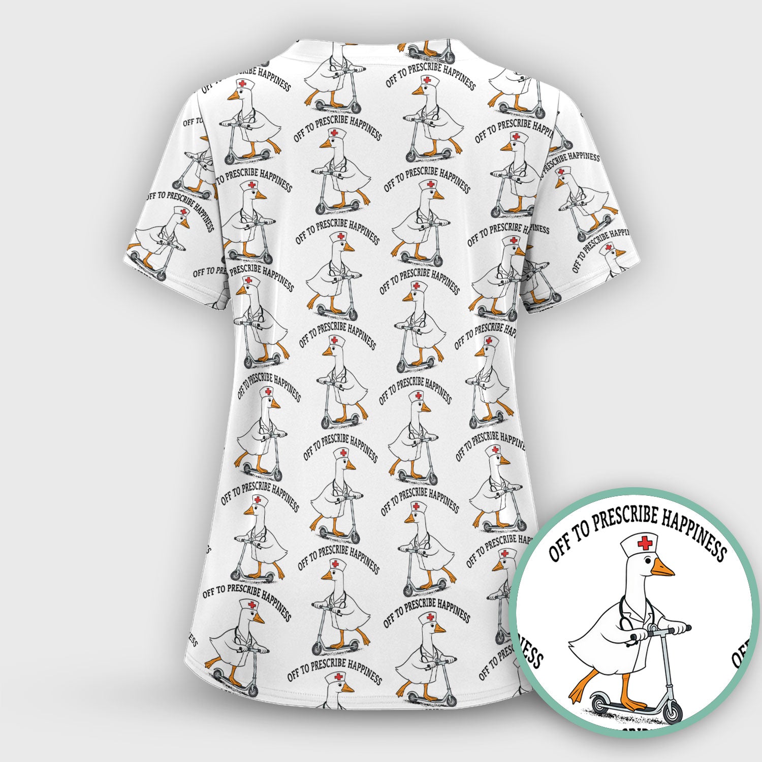 Nurse Goose Scooter Print Scrub Top, Breathable Fabrics Nursing Uniform