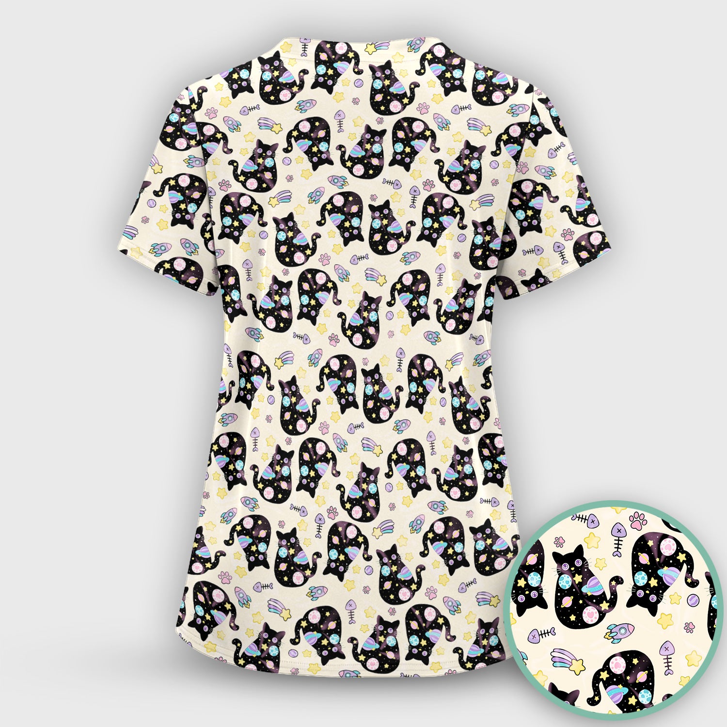 Galaxy Black Cat Space Pattern Scrub Top, Breathable Fabrics Nursing Uniform