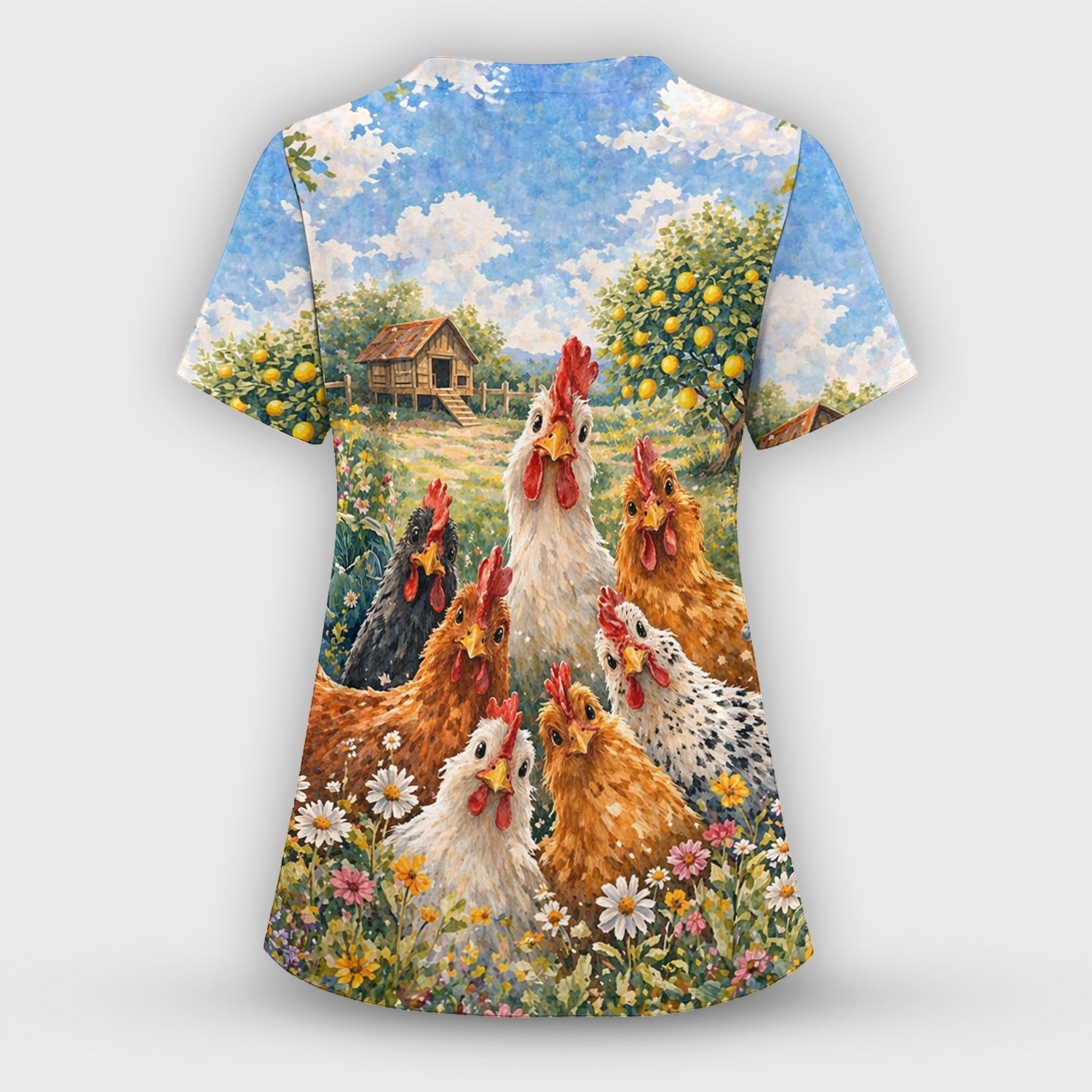 Rustic Chicken Family Farm Garden Pattern Nurse Scrub Top, Comfortable Scrubs for Nurses