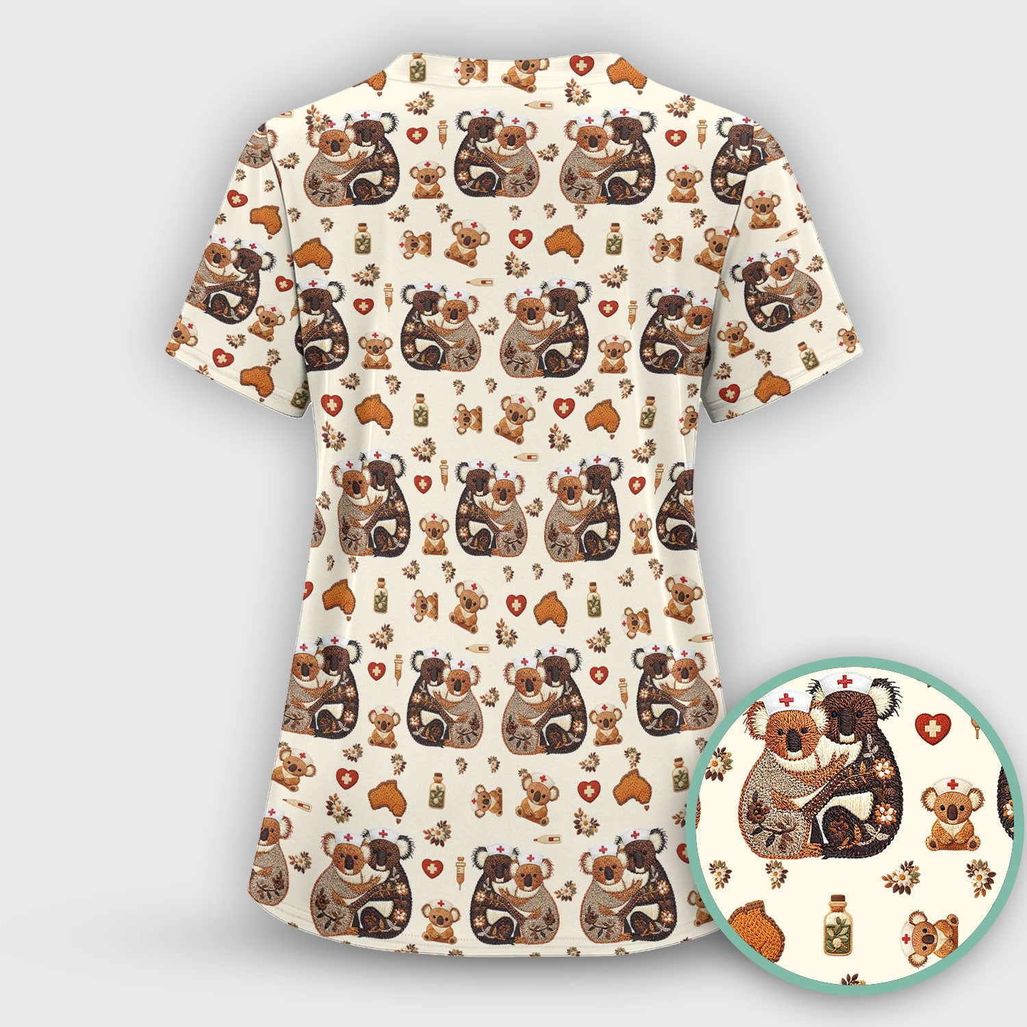 Cute Cartoon Koala Valentine Nurse Design Scrub Top, Breathable Fabrics Nursing Uniform