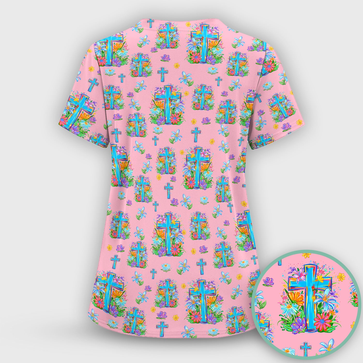 Christian Floral Cross Spring Pattern Scrub Set, Nurse Uniform Scrubs Set