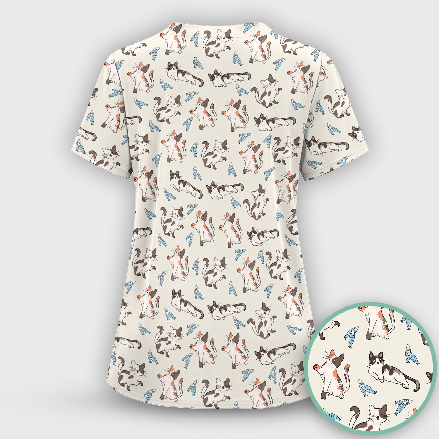 Cute Playful Cats With Fish Pattern Nurse Scrub Set, Scrub Pants and V Neck Top