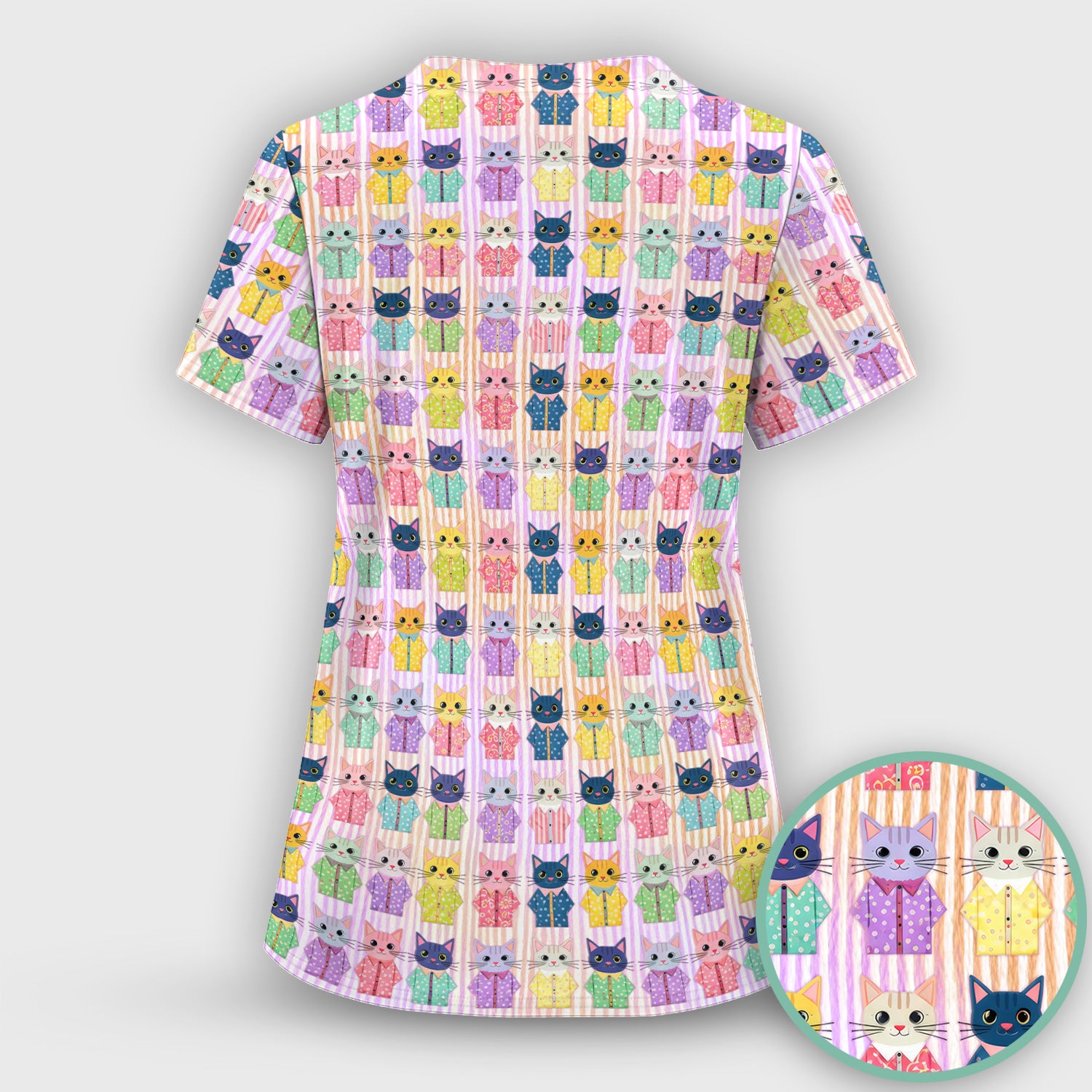 Cute Cat Pajama Pattern Scrub Top, Soft Nursing Workwear Top