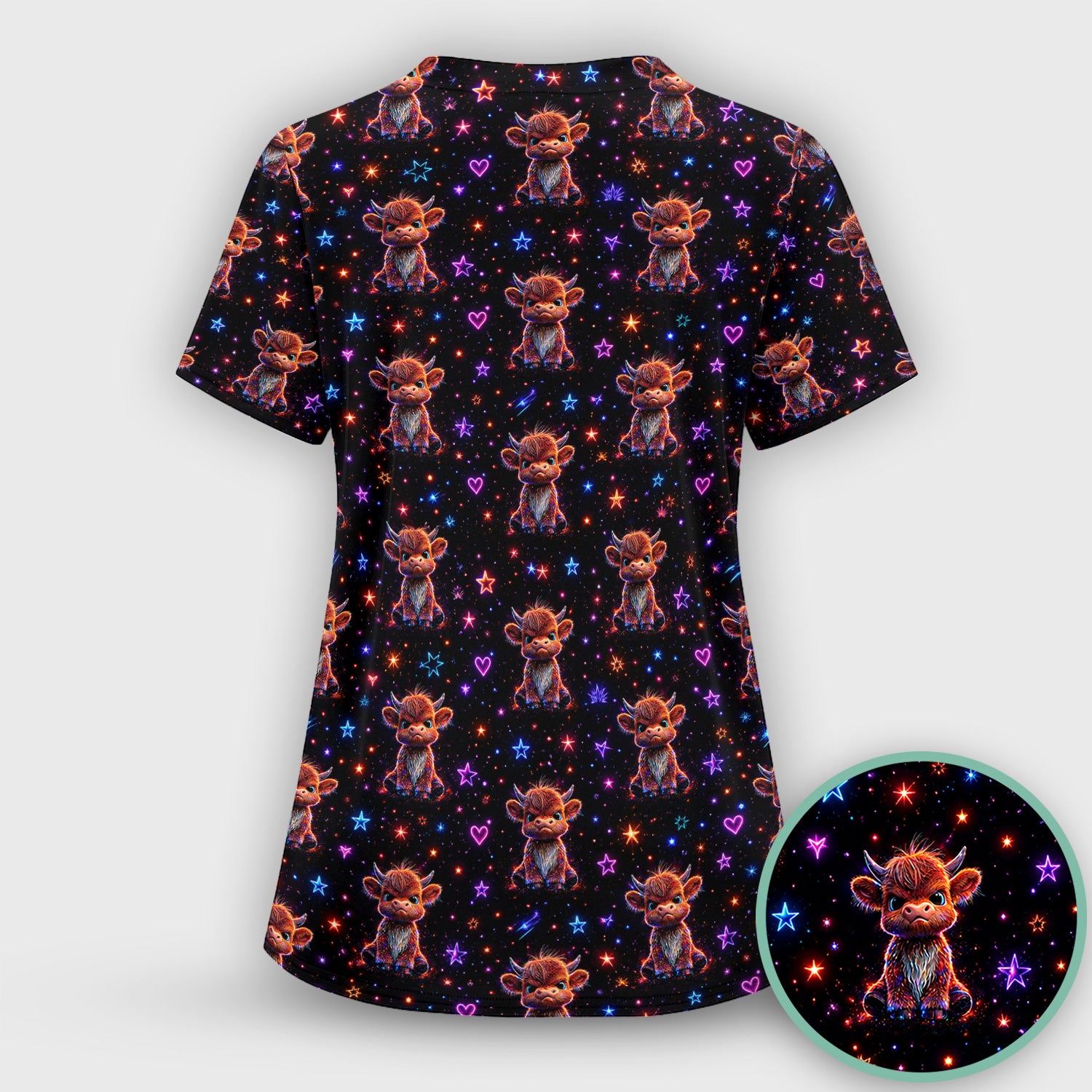 Neon Highland Cow Stars Pattern Scrub Top, Comfortable Scrubs for Nurses