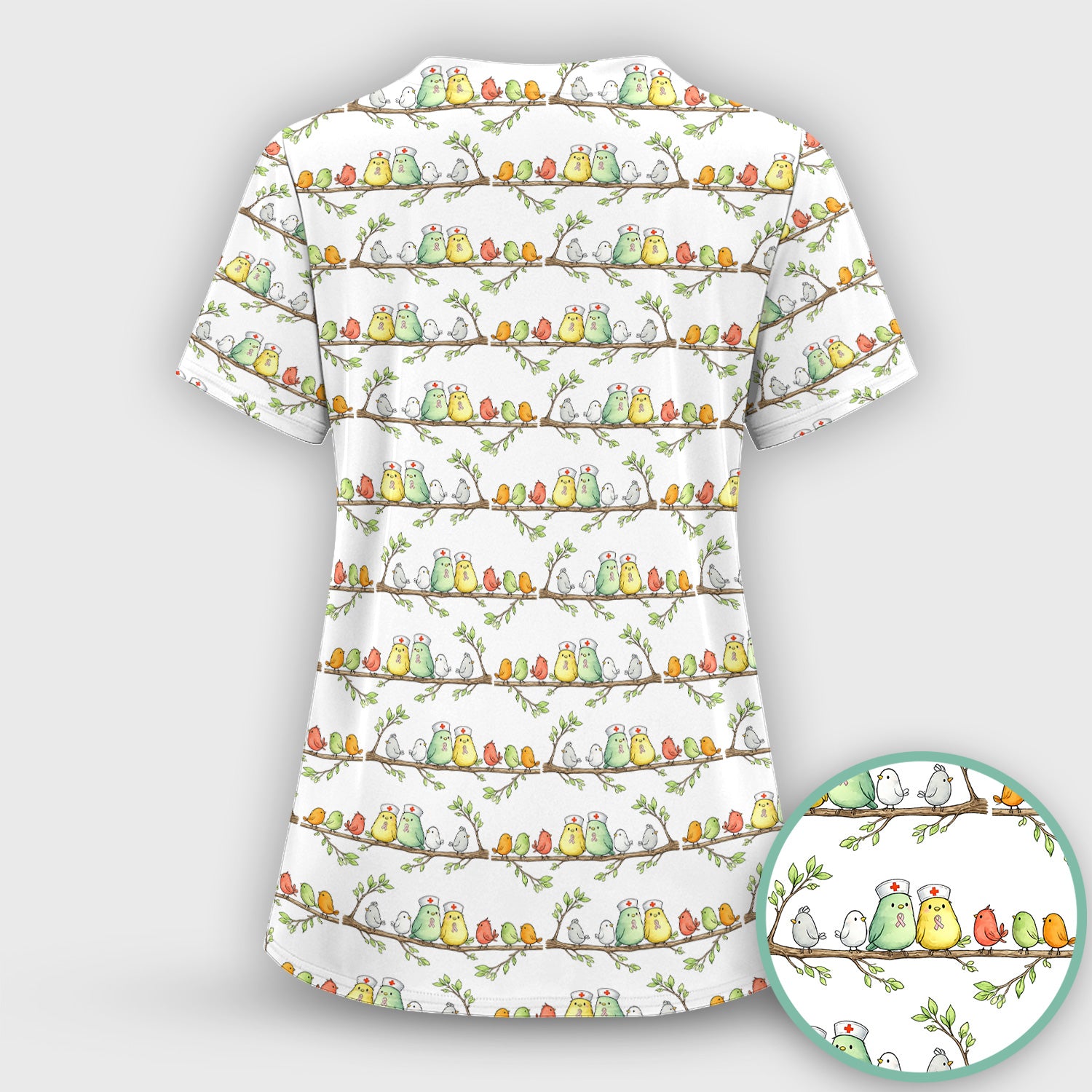 Cute Pink Ribbon Birds Scrub Set, Scrub Pants and V Neck Top