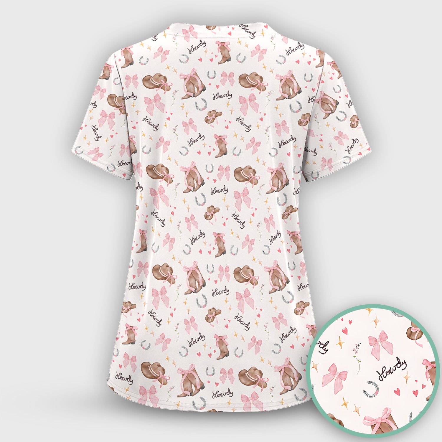 Cute Pink Cowgirl Boots Pattern Scrub Top, Comfortable Scrubs for Nurses