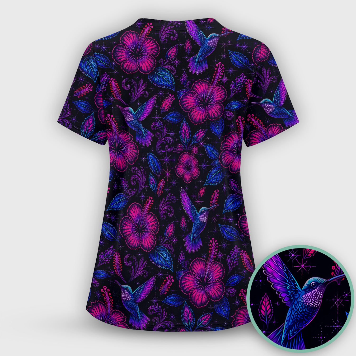 Tropical Hummingbird Hibiscus Floral Pattern Scrub Top, Comfortable Scrubs for Nurses