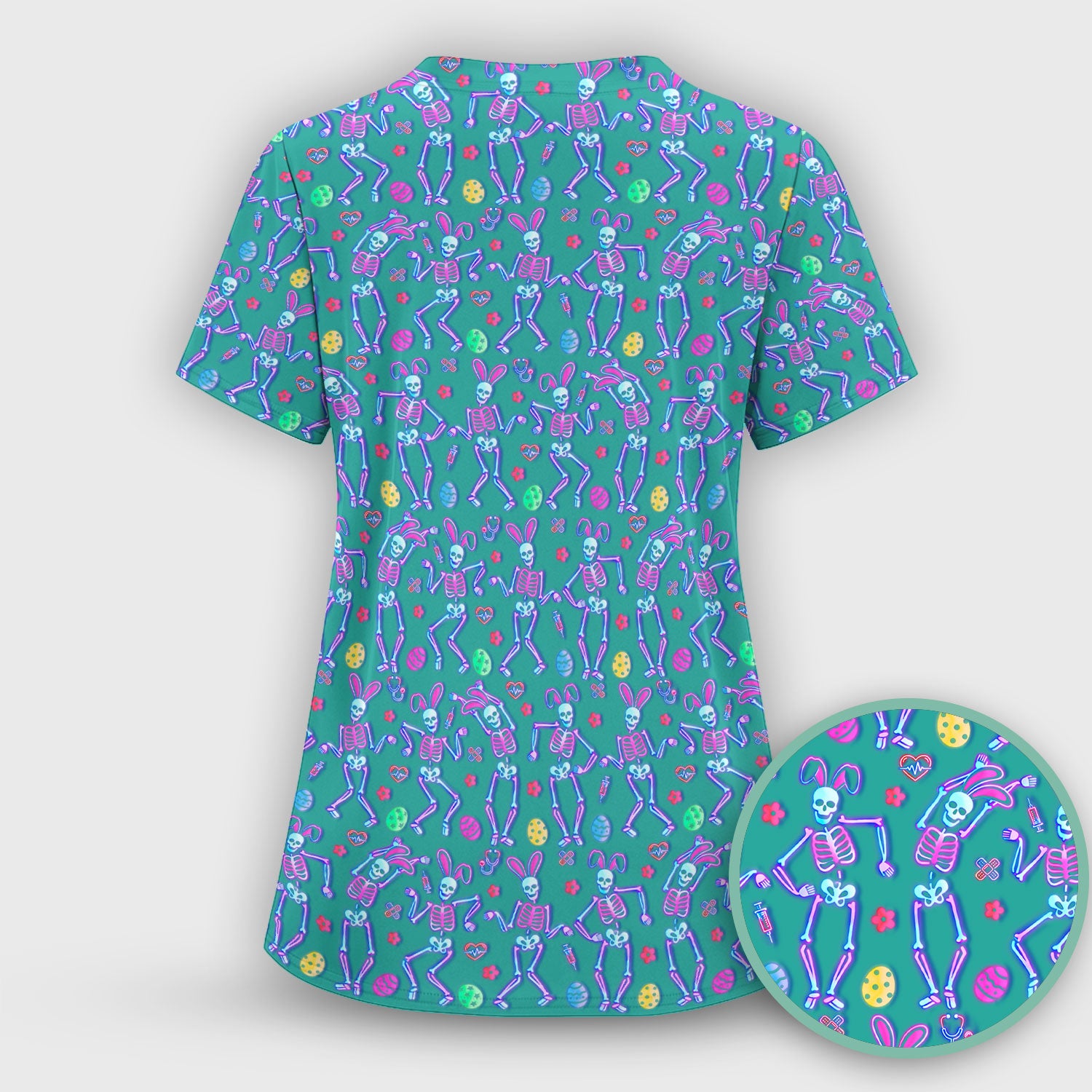 Neon Easter Skeleton Pattern Scrub Top, Comfortable Scrubs for Nurses