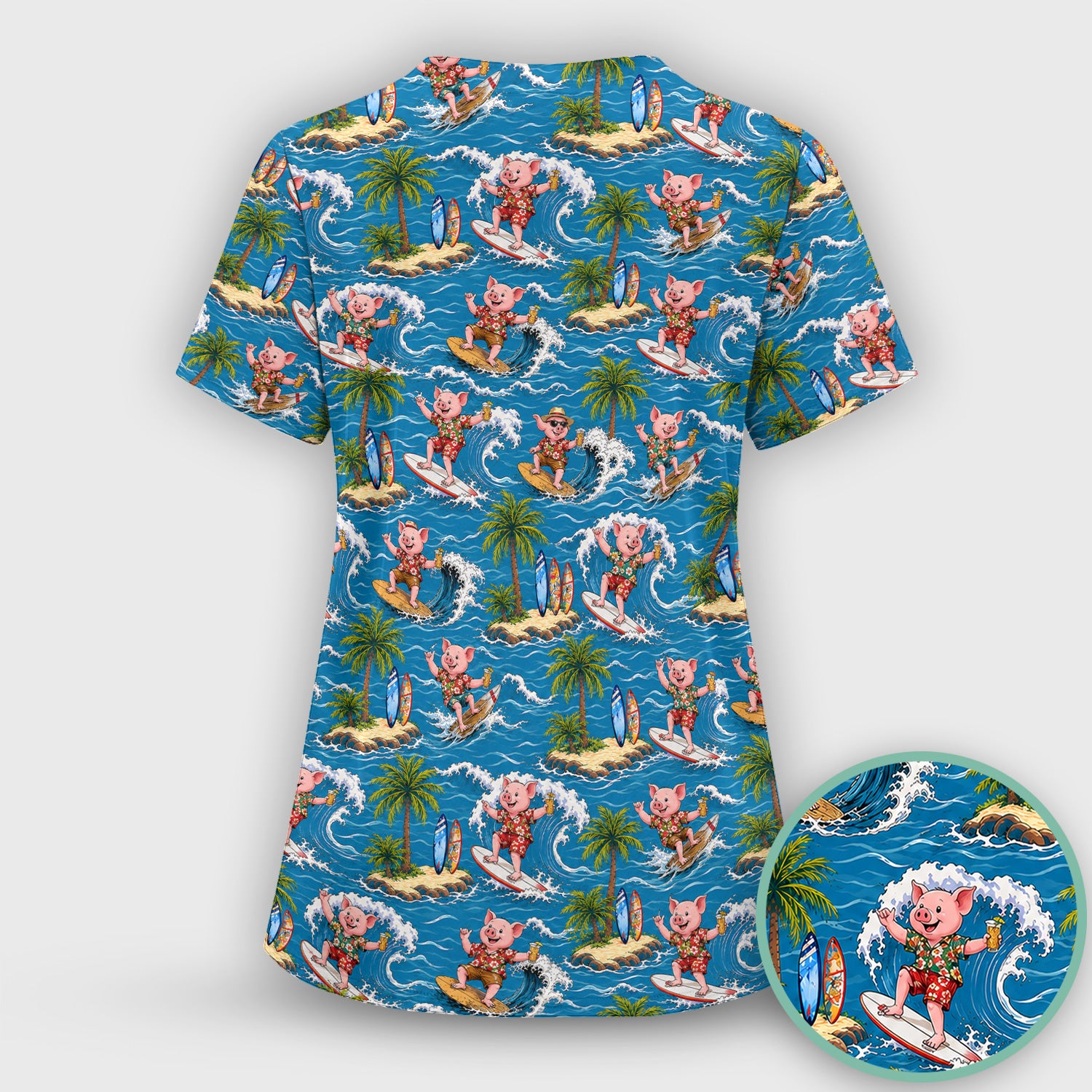 Tropical Surfing Pig Island Pattern Scrub Top, Comfortable Scrubs for Nurses