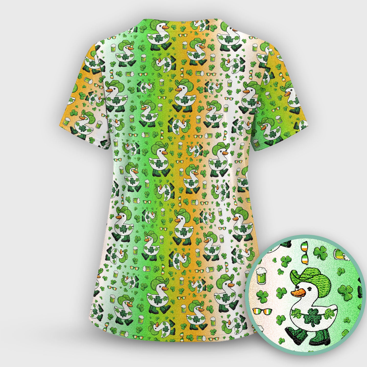 St. Patrick Goose Shamrock Medical Pattern Scrub Top, Breathable Fabrics Nursing Uniform