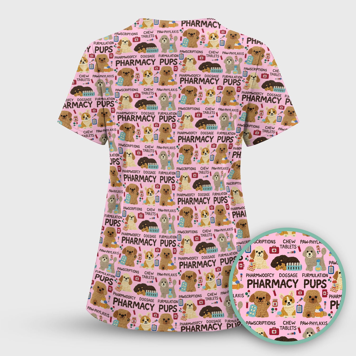Pharmacy Pups Scrub Top for Women - Cute Dog Pattern Medical Shirt for Pharmacists & Vet Techs - Fun Blue Pharmacy Nurse Uniform
