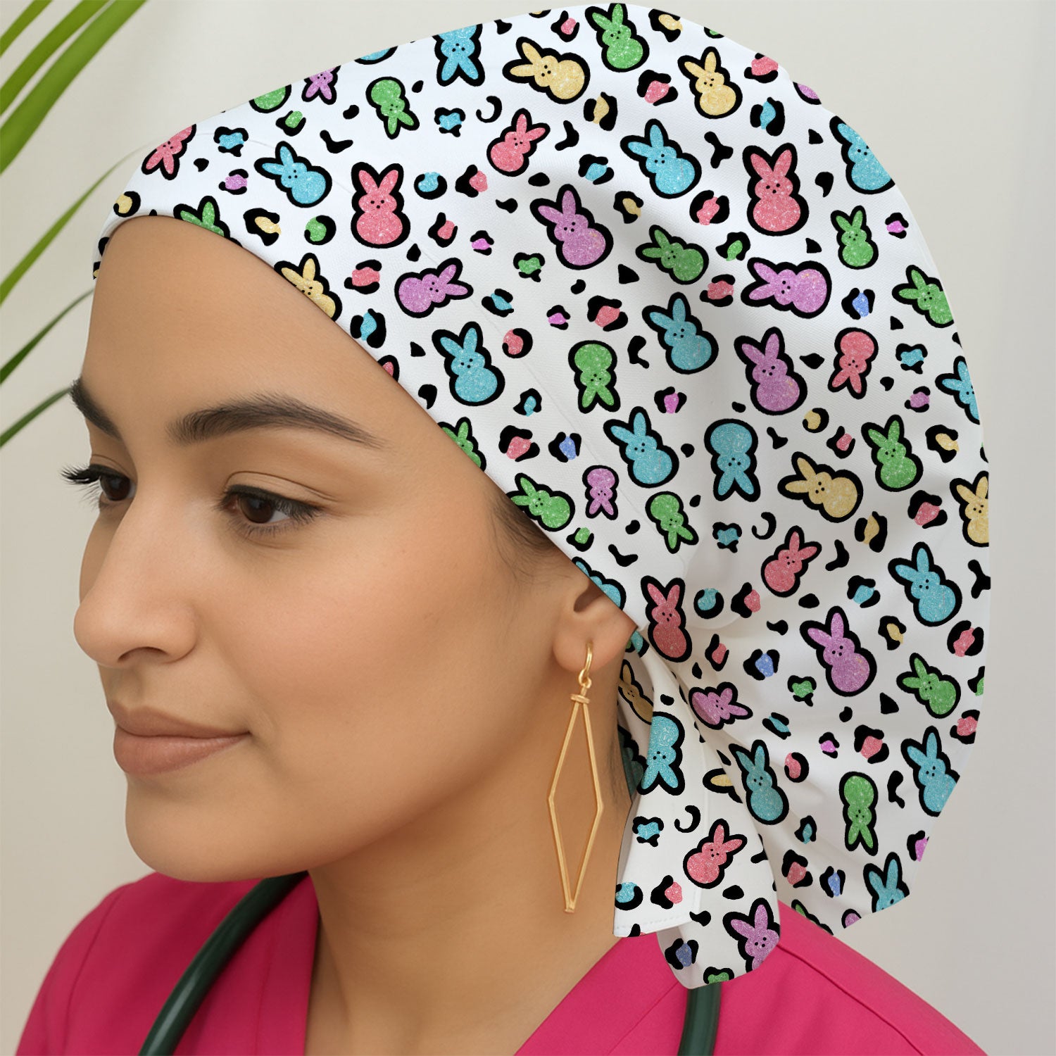 Cute Easter Bunny Pastel Pattern Print Cap, Bouffant Scrub Caps for Women