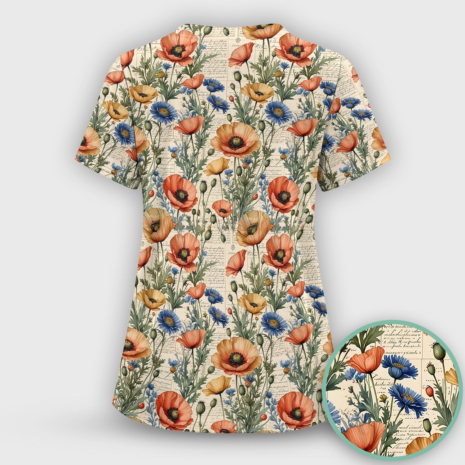 Vintage Poppy Wildflower Script Print Scrub Set, Scrub Pants and V Neck Top