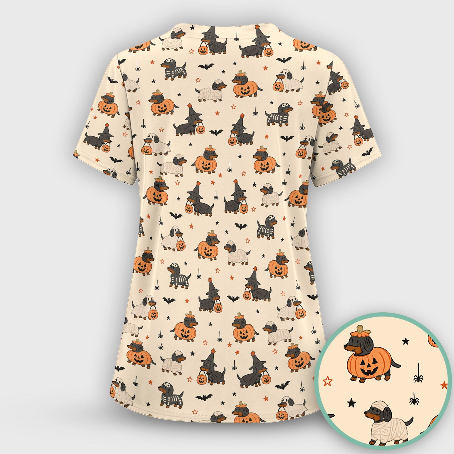 Halloween Dachshund Pattern Scrub Top, Comfortable Scrubs for Nurses