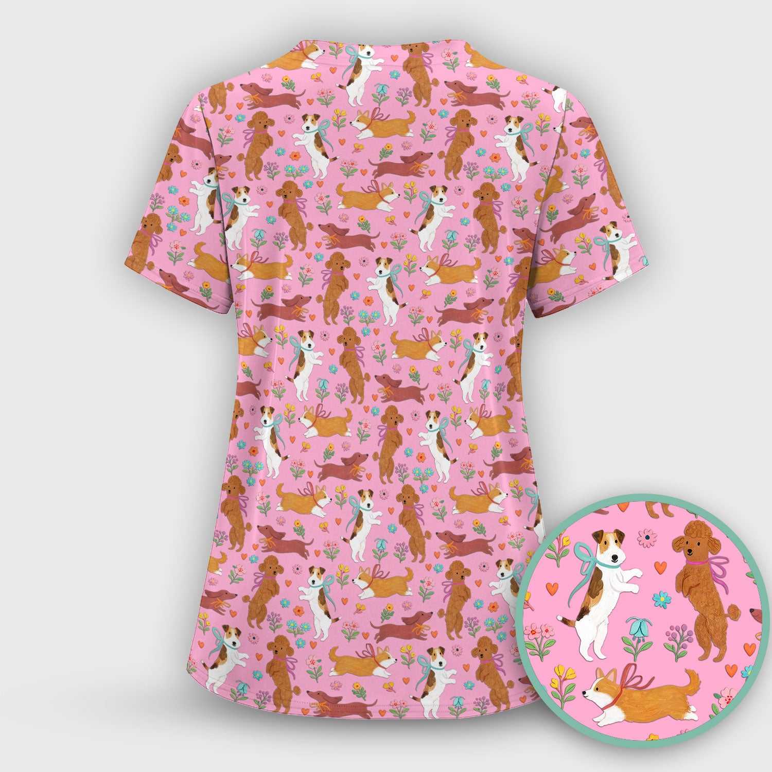 Cute Cartoon Dog Print Nurse Scrub Top, Comfortable Scrubs for Nurses