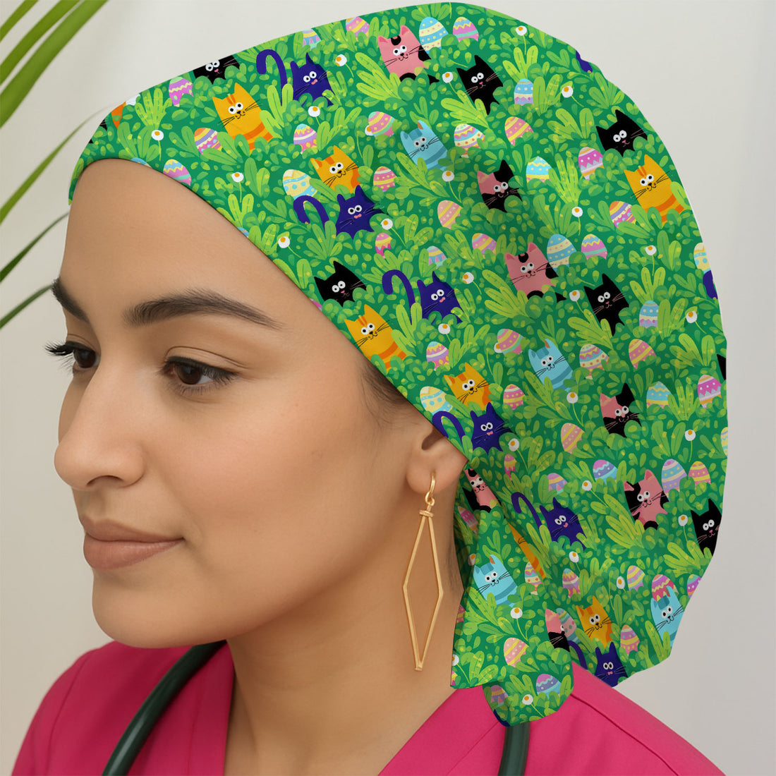 Colorful Easter Cats Green Leaves Print Cap, Bouffant Scrub Caps for Women