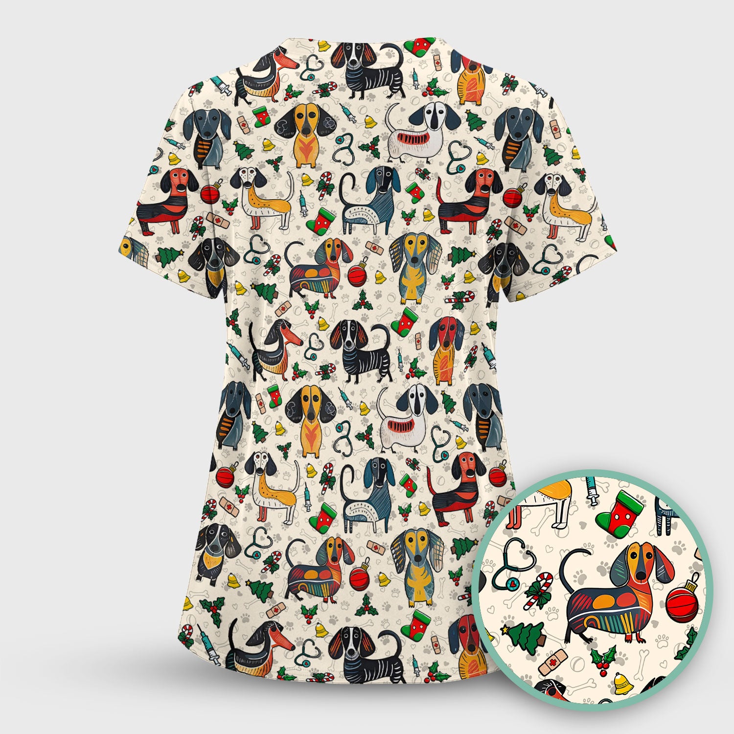 Christmas Wiener Dog Scrub Top - Funny Sausage Dog Nurse Shirt for Women - Holiday Medical Uniform