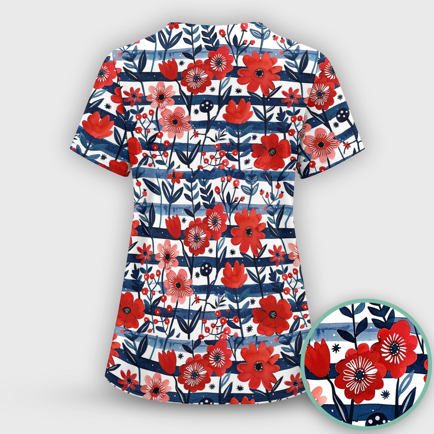Red Poppy Navy Stripe Pattern Scrub Top, Comfortable Scrubs for Nurses