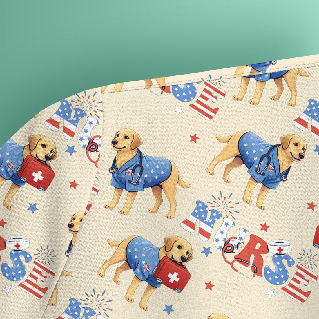 Patriotic Nurse Dog Medical Pattern Scrub Top, Breathable Fabrics Nursing Uniform