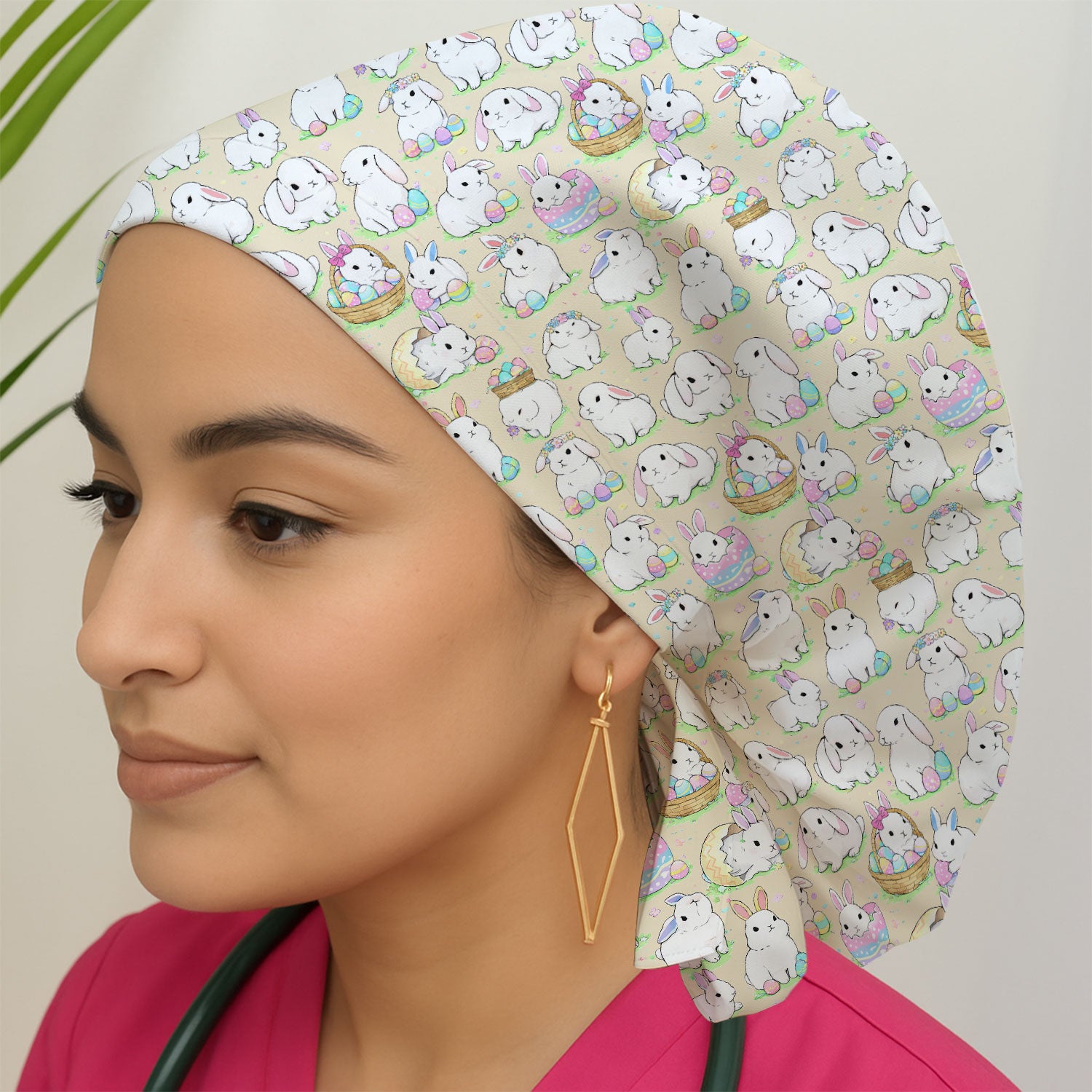 Cute Easter Bunny Egg Pattern Print Cap, Bouffant Scrub Caps for Women