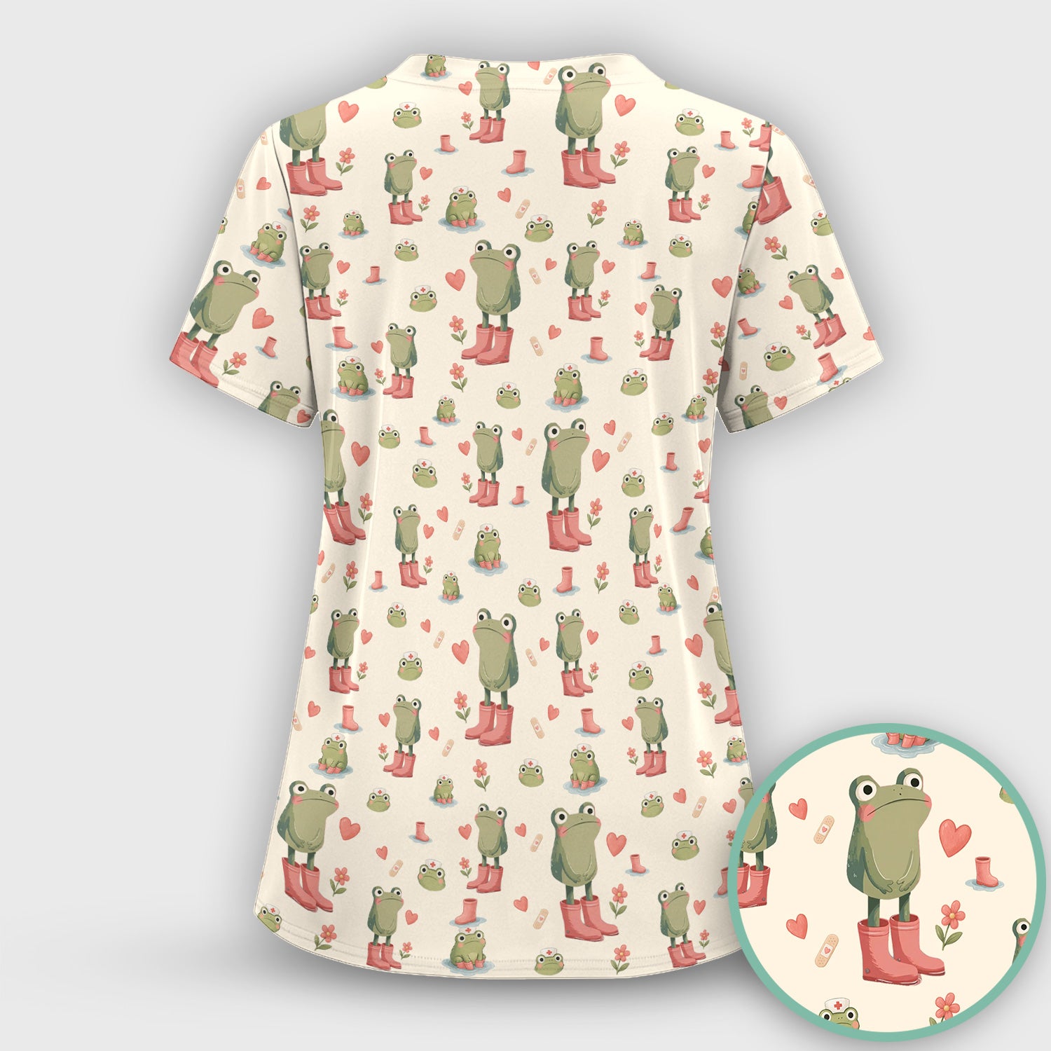 Adorable Frog Boots Heart Pattern Scrub Top, Comfortable Scrubs for Nurses