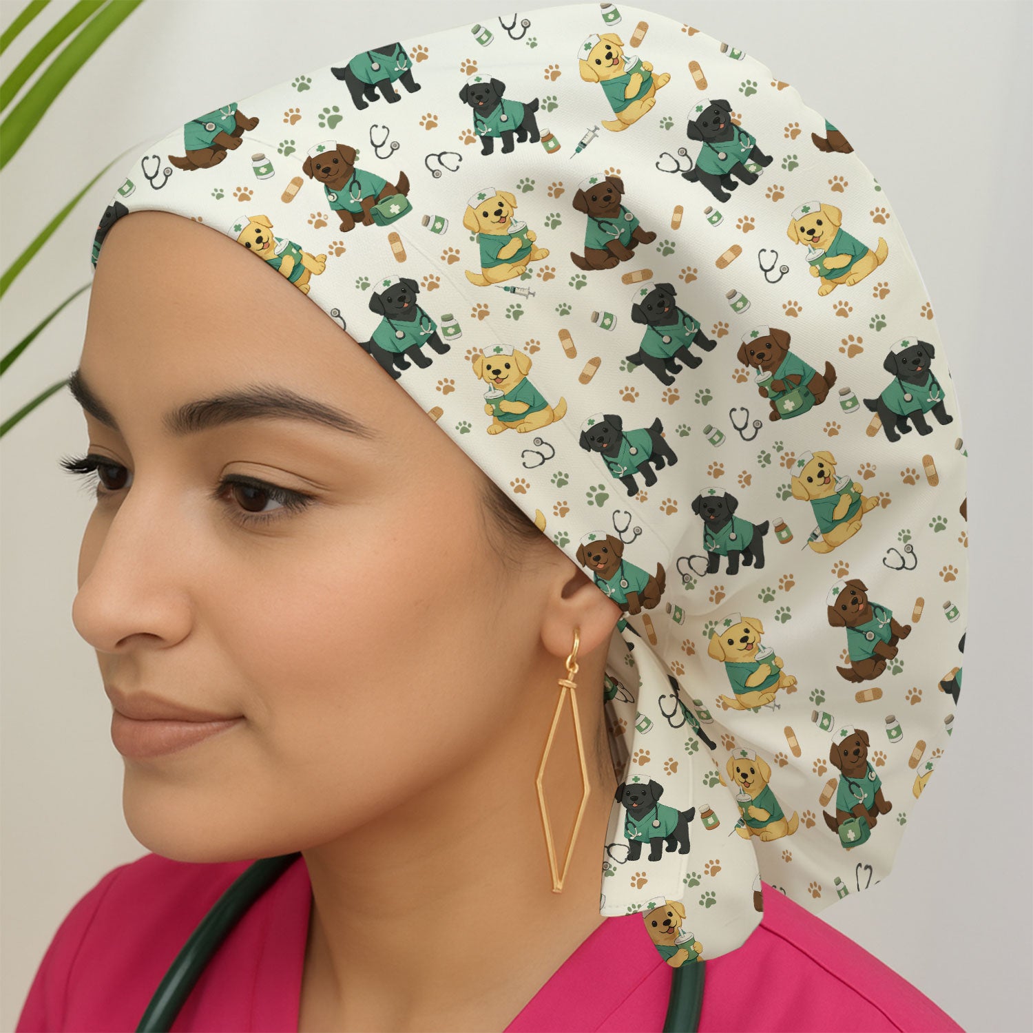 Labrador Retriever Nurse Scrub Cap, Cute Medical Dog Pattern Nurses Hat, Breathable Fabrics Nursing Uniform