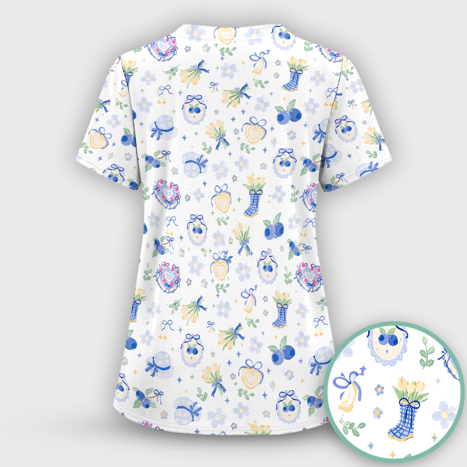 Cute Blueberry Bow Print Scrub Set, Scrub Pants and V Neck Top