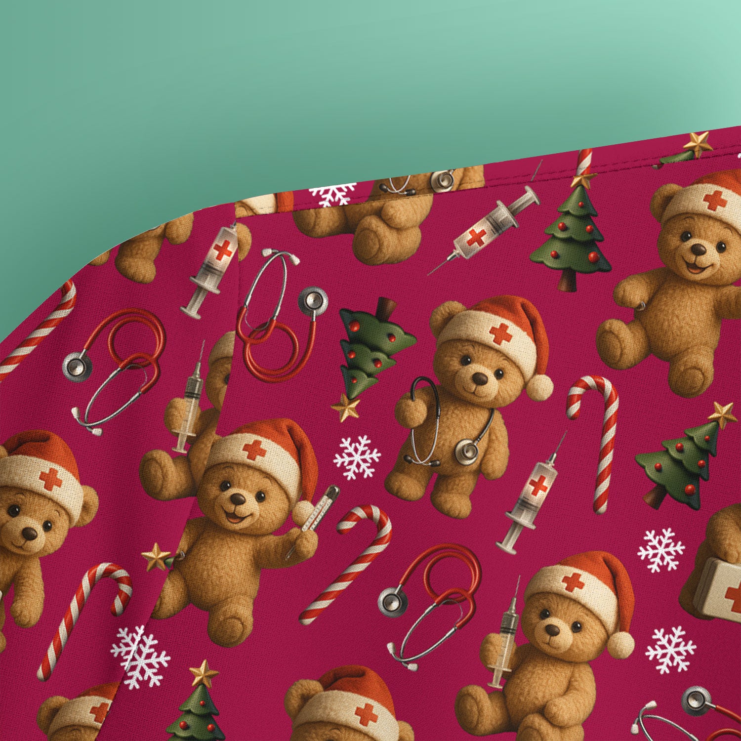 Teddy Bear Christmas Scrubs for Women - Cute Nurse Bear Pattern Medical Scrub Top - Holiday Christmas Scrubs with Fun Festive Design